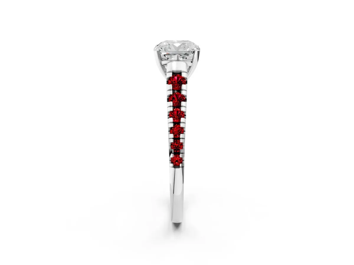 Cushion Cut Diamond Cathedral Solitaire Ring with Round Ruby Pavé Band Platinum