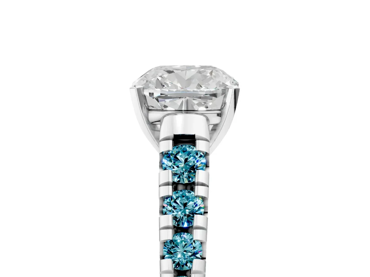Cushion Cut Diamond Cathedral Solitaire Ring with Round Blue Topaz Pavé Band Platinum