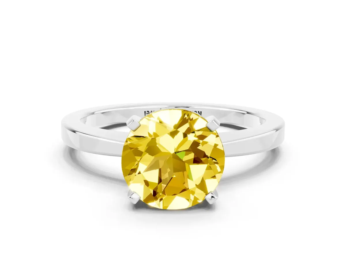 Round Cut Yellow Sapphire Solitaire Engagement Ring with Classic Band and Four-Prong Setting Silver