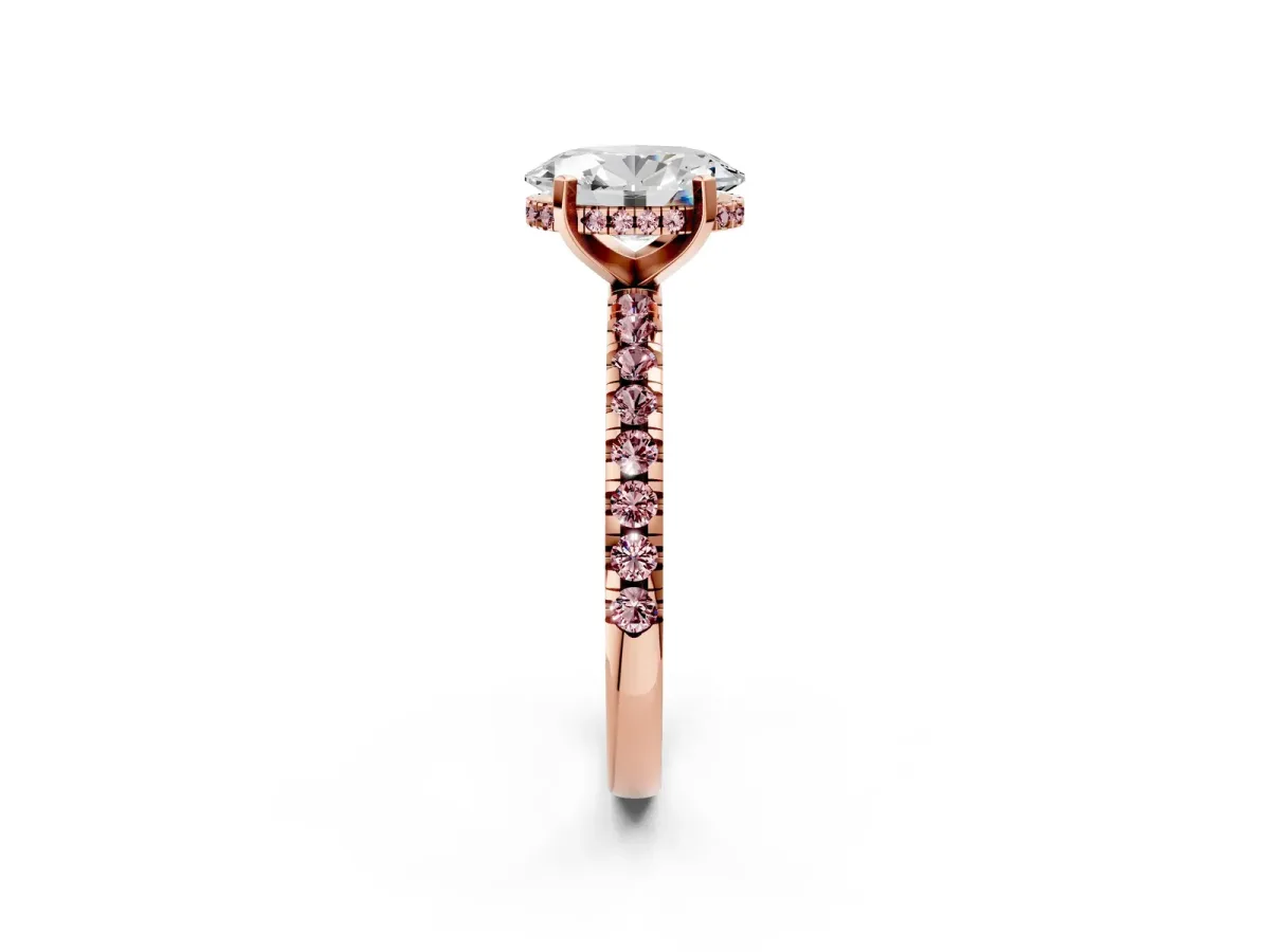 Oval Cut Diamond Solitaire Ring with Round Morganite Pavé Band and Four-Prong Setting Rose gold