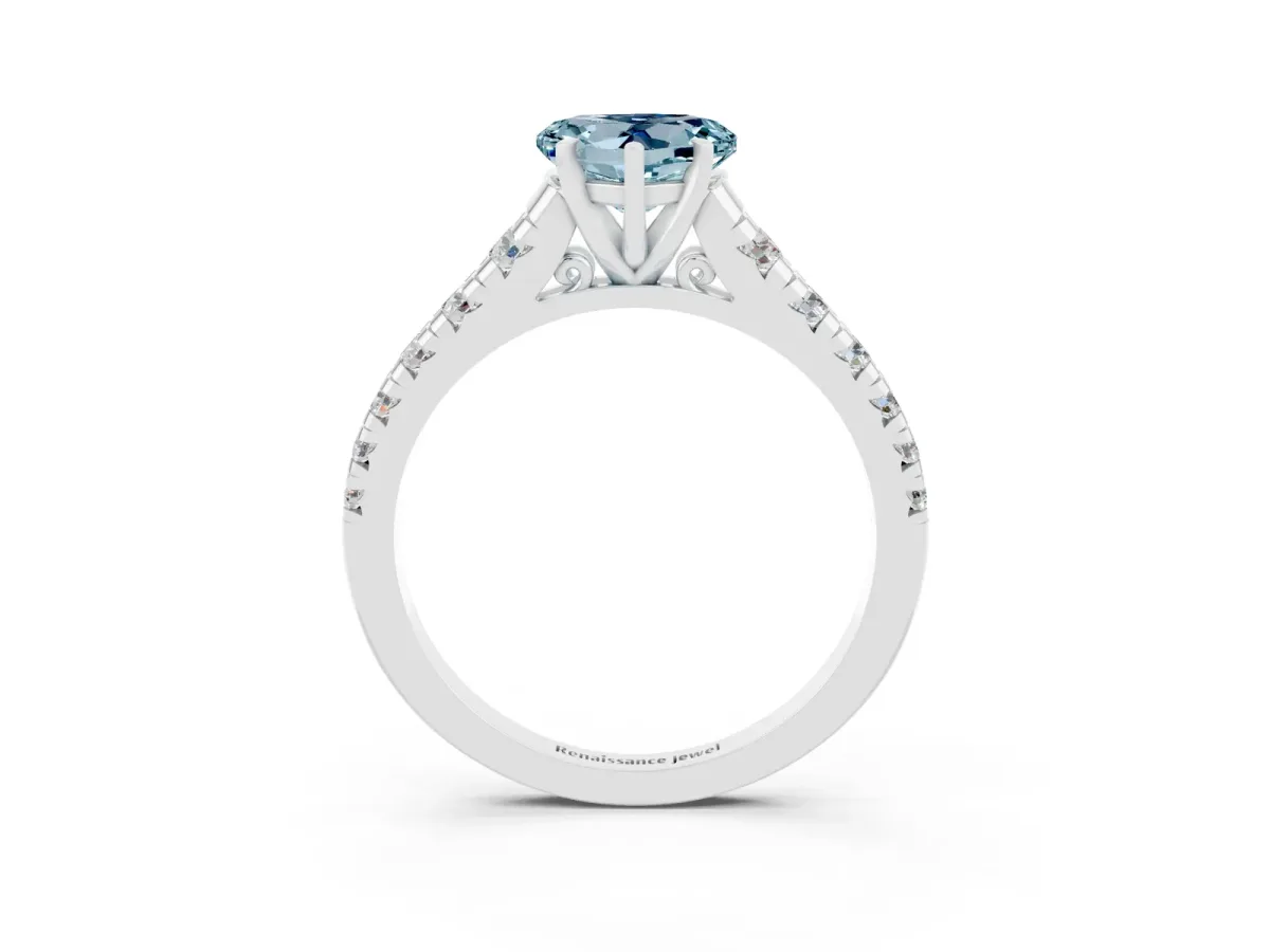 Heart Cut Aquamarine Cathedral Solitaire Ring with Round Pavé Band Silver