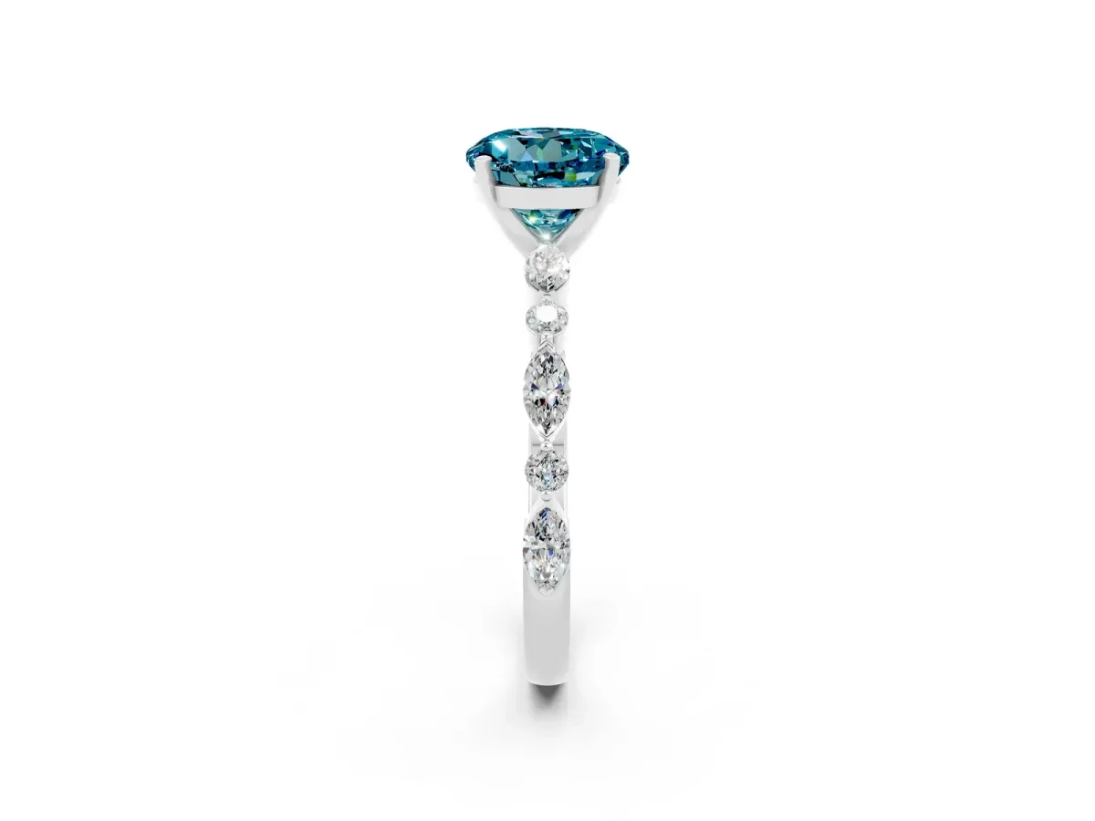 Round Cut Blue Topaz Ring with Marquise and Round Side Stones and Four-Prong Setting Silver