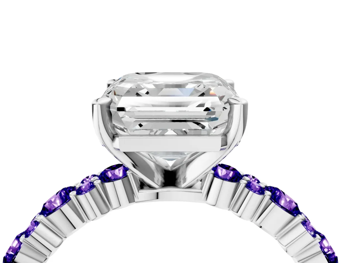 Asscher Cut Diamond Side Stone Solitaire Ring with Round Tanzanite and Four-Prong Setting Platinum