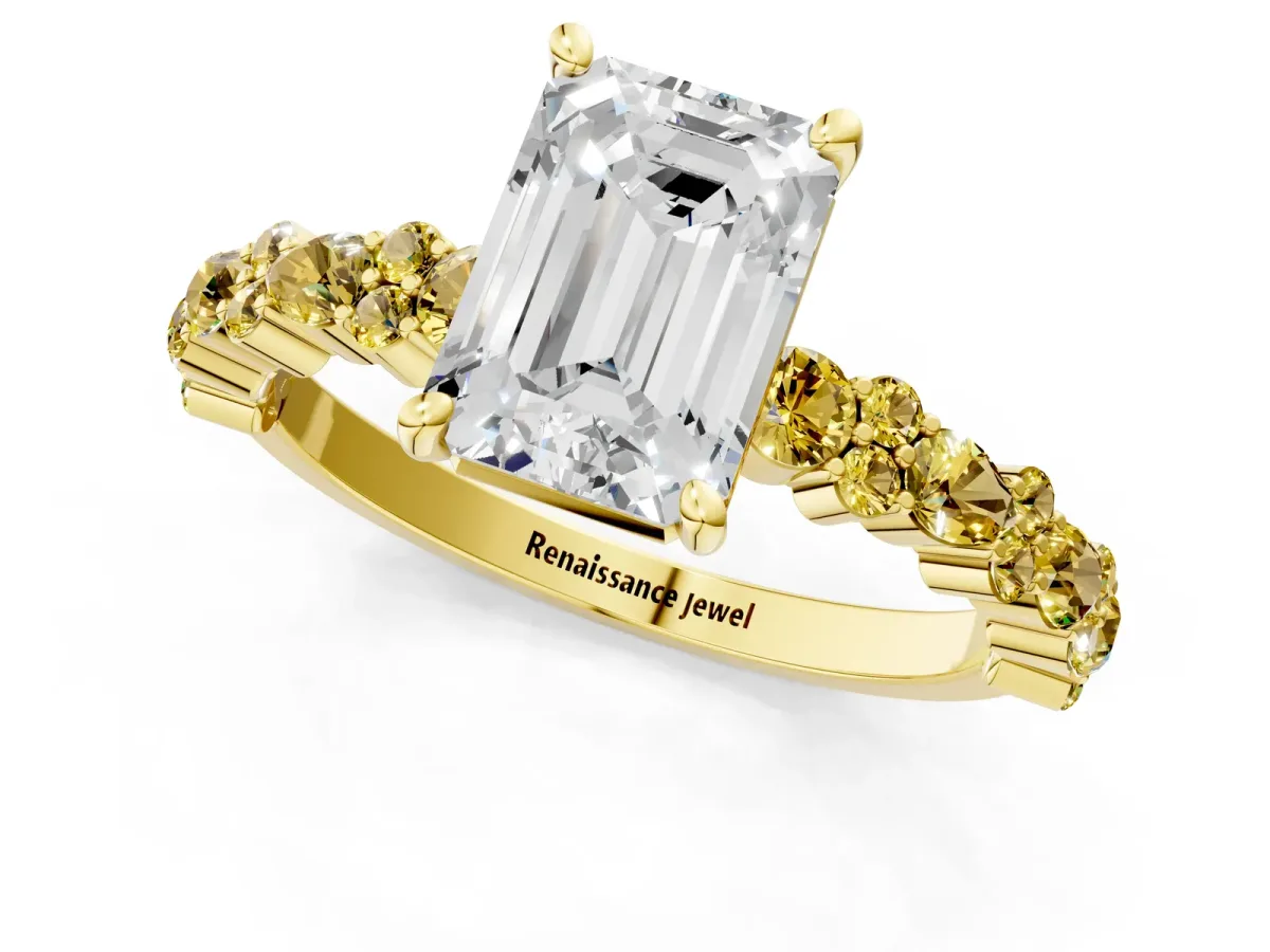 Emerald Cut Diamond Side Stone Solitaire Ring with Round Yellow Sapphire and Four-Prong Setting Yellow gold