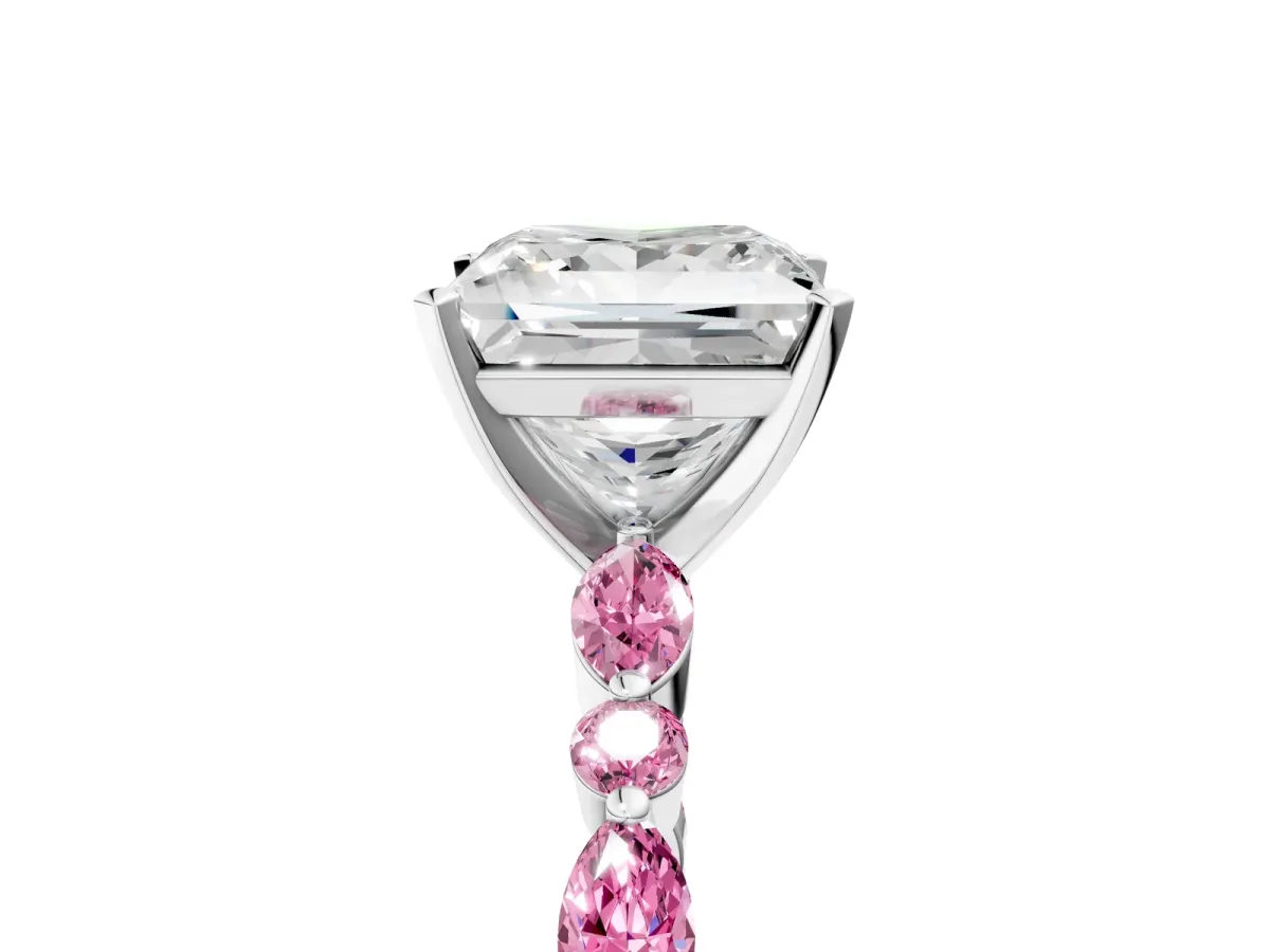 Princess Cut Diamond Ring with Marquise and Round Pink Sapphire Side Stones and Four-Prong Setting Silver