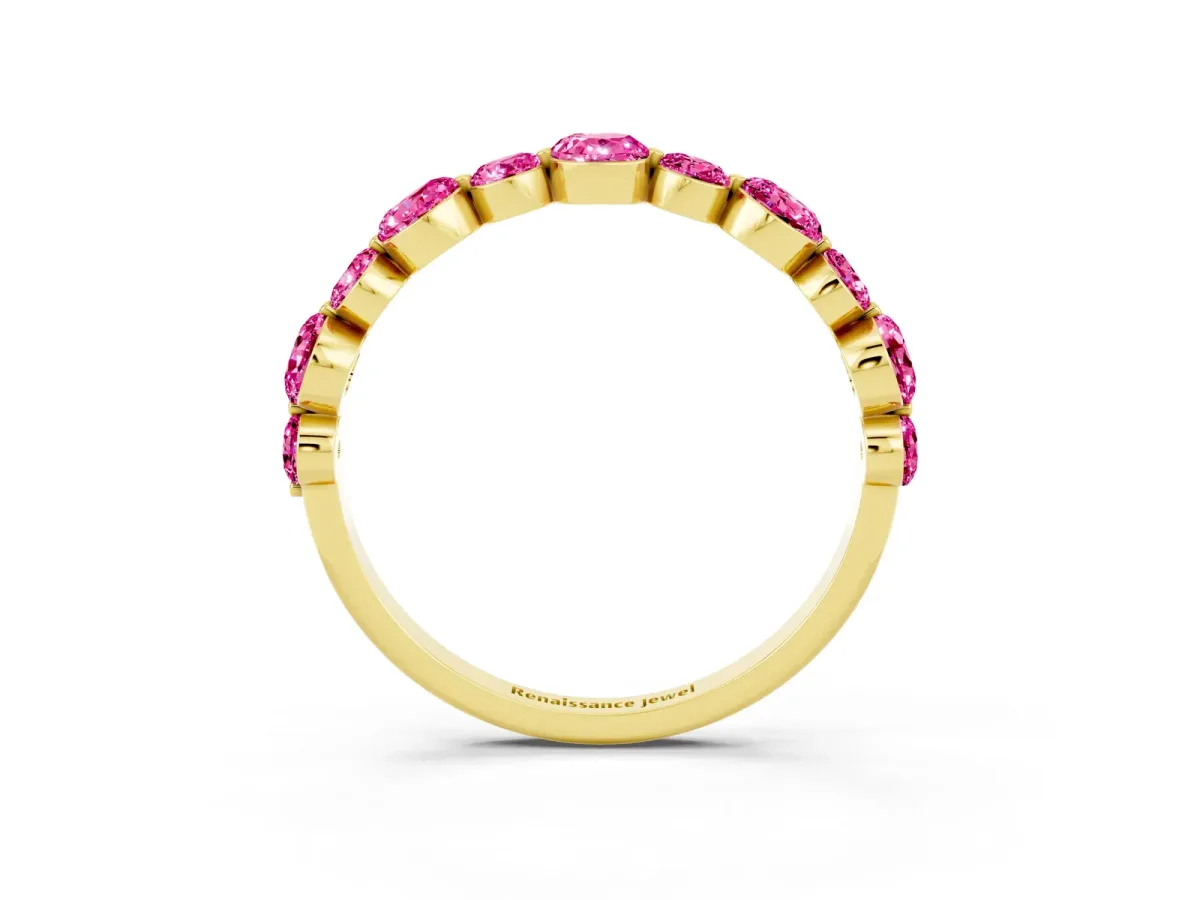 Round Pink Sapphire Scalloped Prong Set Eternity Band Yellow gold