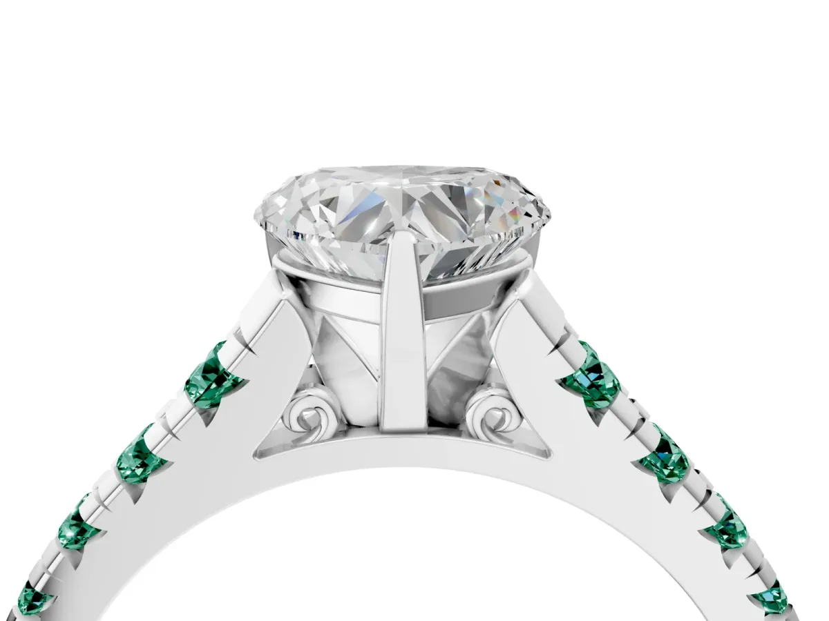 Heart Cut Diamond Cathedral Solitaire Ring with Round Green Sapphire Pavé Band Silver