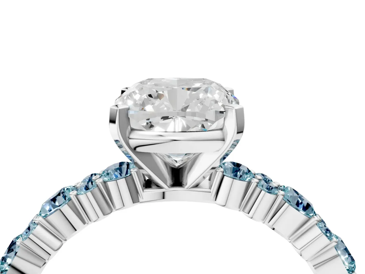 Cushion Cut Diamond Side Stone Solitaire Ring with Round Aquamarine and Four-Prong Setting Platinum