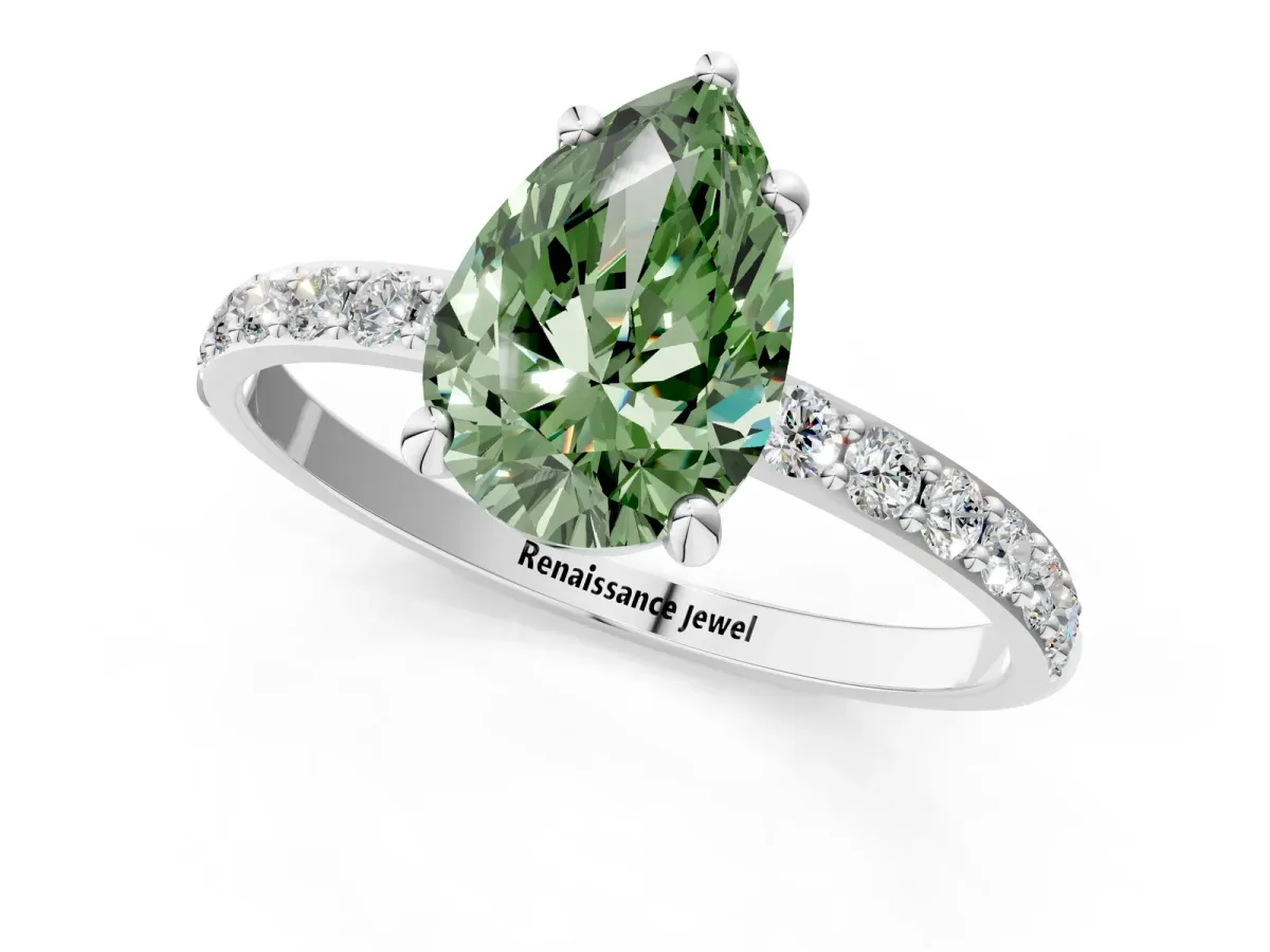 Fancy Green Pear Cut Diamond Solitaire Ring with Round Pavé Band and Prong Setting Platinum