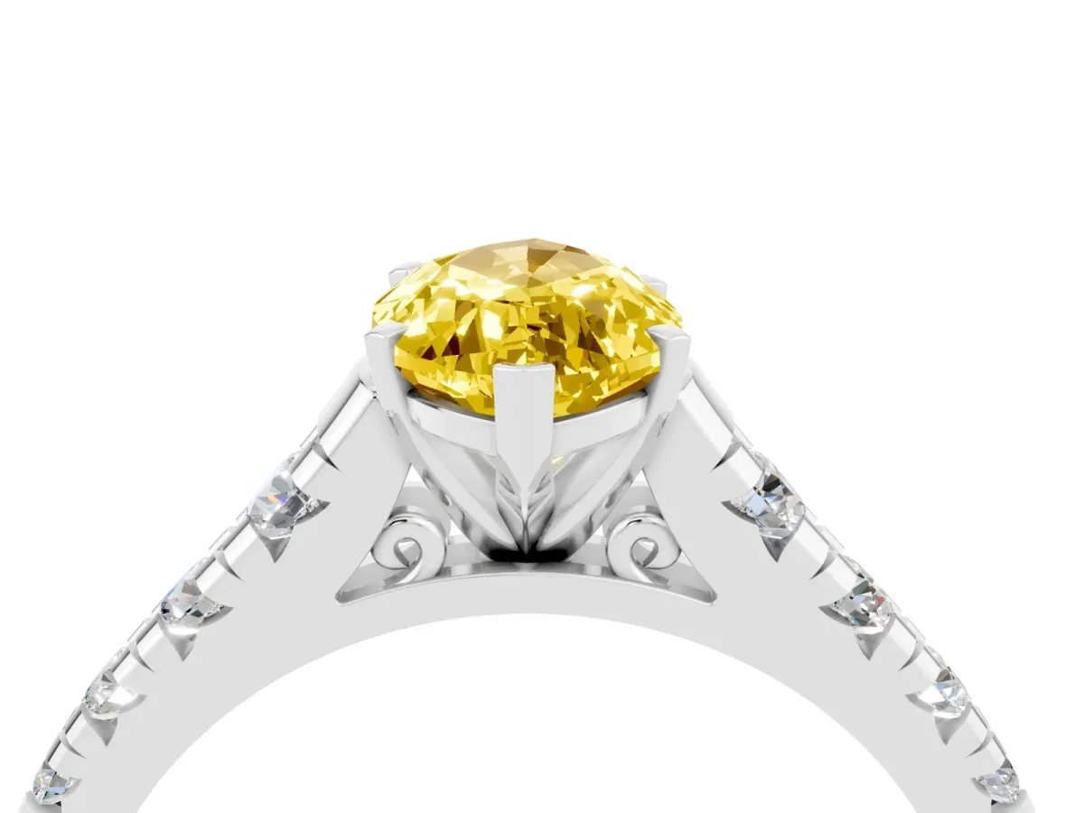 Marquise Cut Yellow Sapphire Cathedral Solitaire Ring with Round Pavé Band Silver