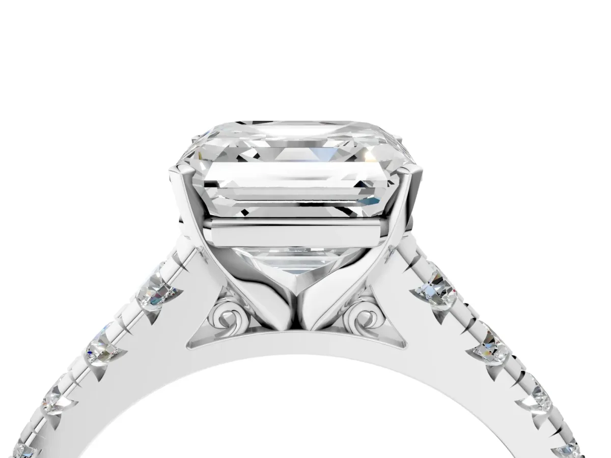 Asscher Cut Diamond Cathedral Solitaire Ring with Round Pavé Band Platinum