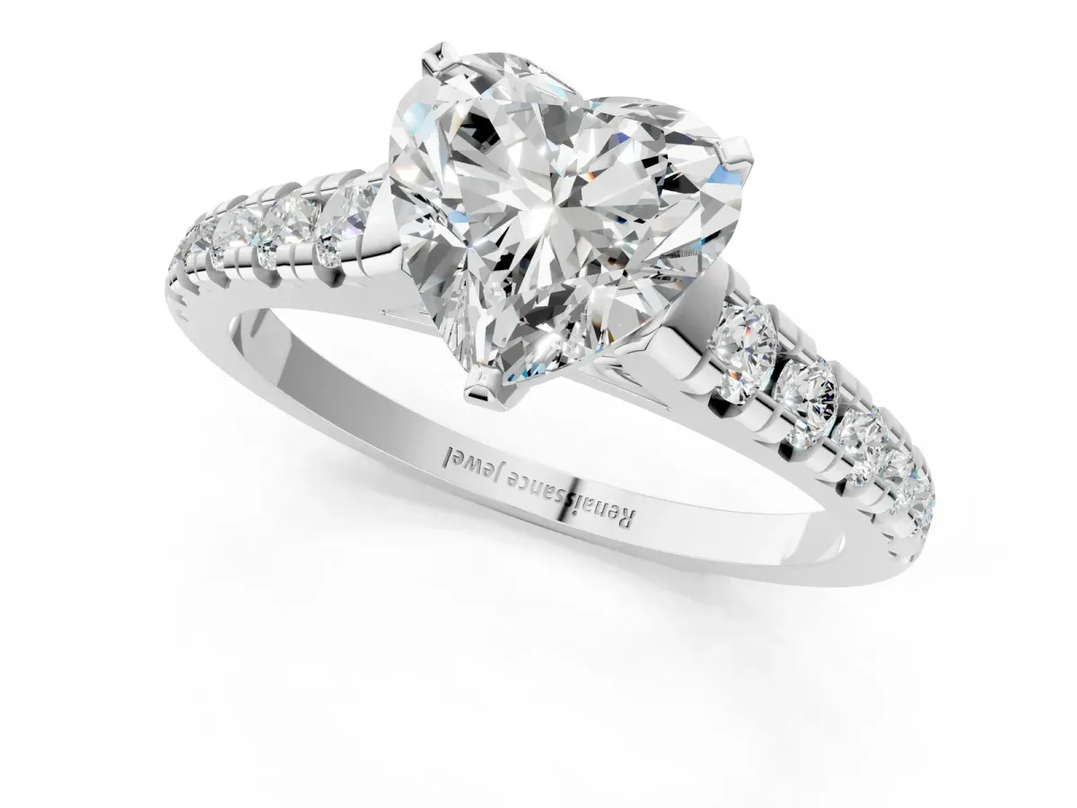 Heart Cut Diamond Cathedral Solitaire Ring with Round Moissanite Pavé Band Silver