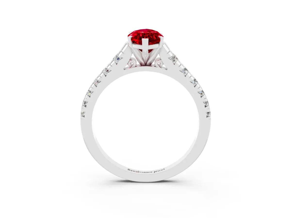 Marquise Cut Ruby Cathedral Solitaire Ring with Round Pavé Band Silver