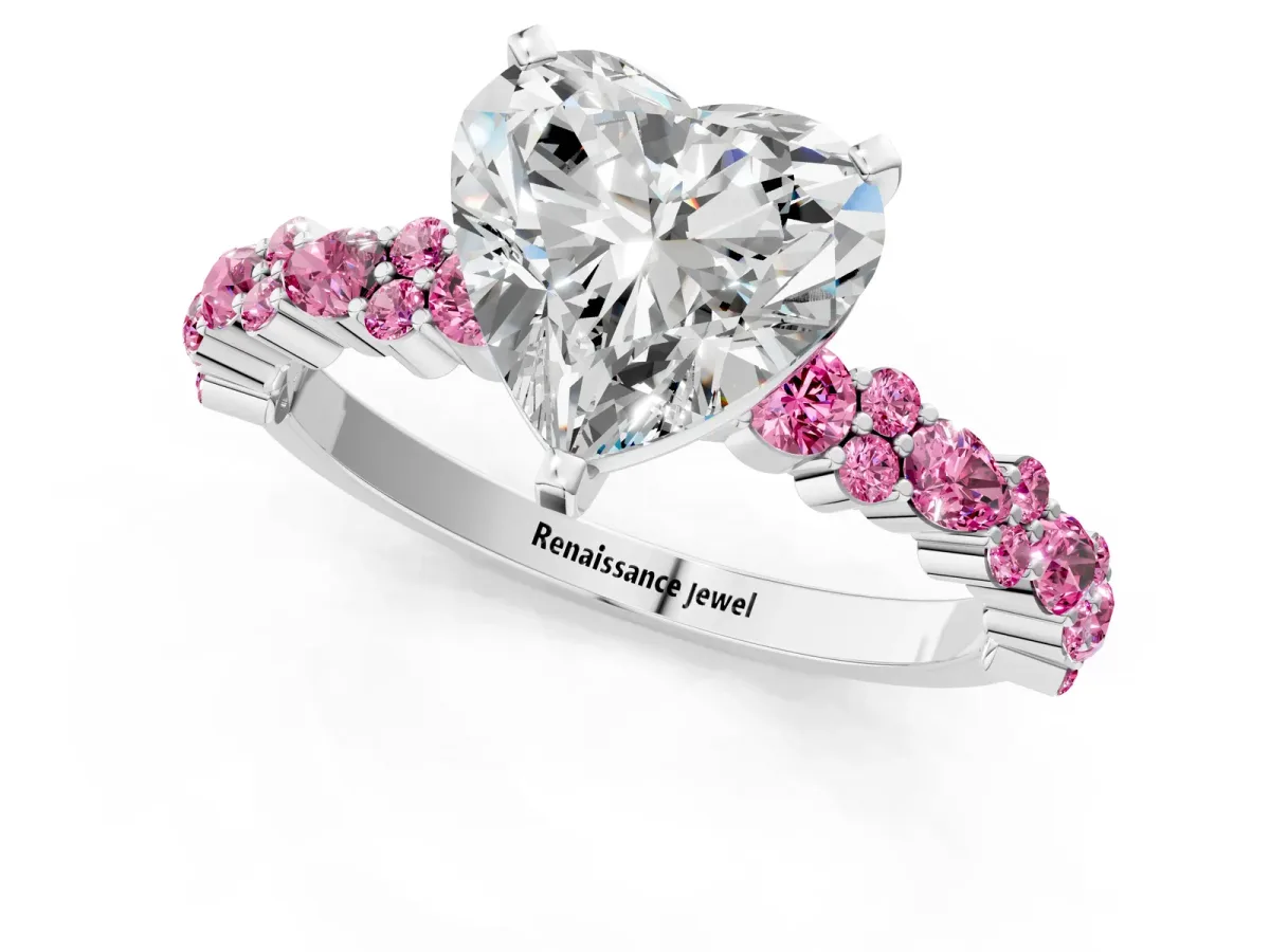 Heart Cut Diamond Side Stone Solitaire Ring with Round Pink Sapphire and Four-Prong Setting Platinum