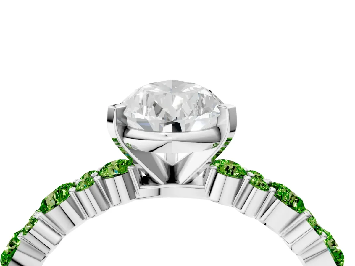 Pear Cut Diamond Side Stone Solitaire Ring with Round Peridot and Four-Prong Setting Platinum