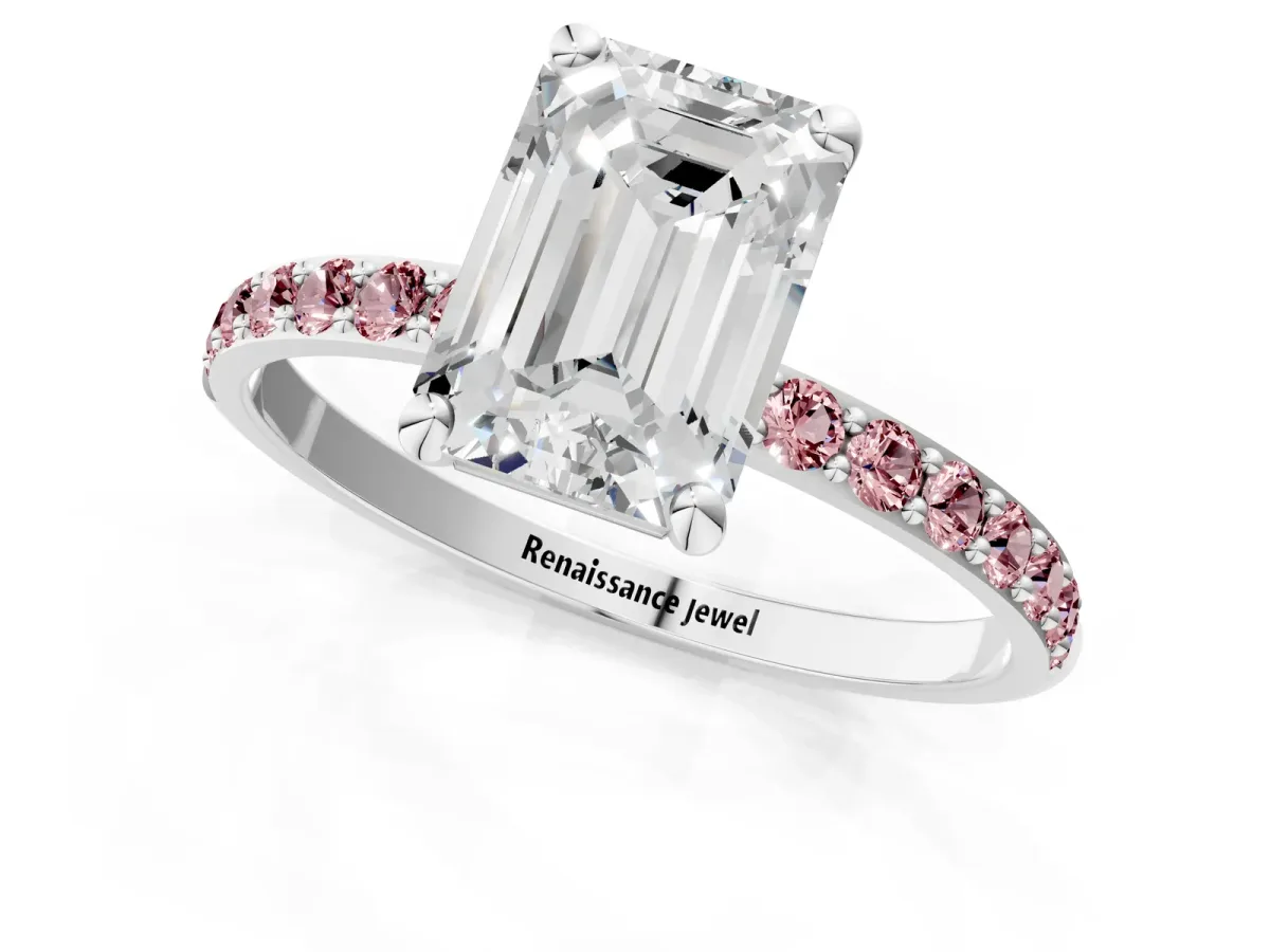 Emerald Cut Diamond Solitaire Ring with Round Morganite Pavé Band and Prong Setting Silver