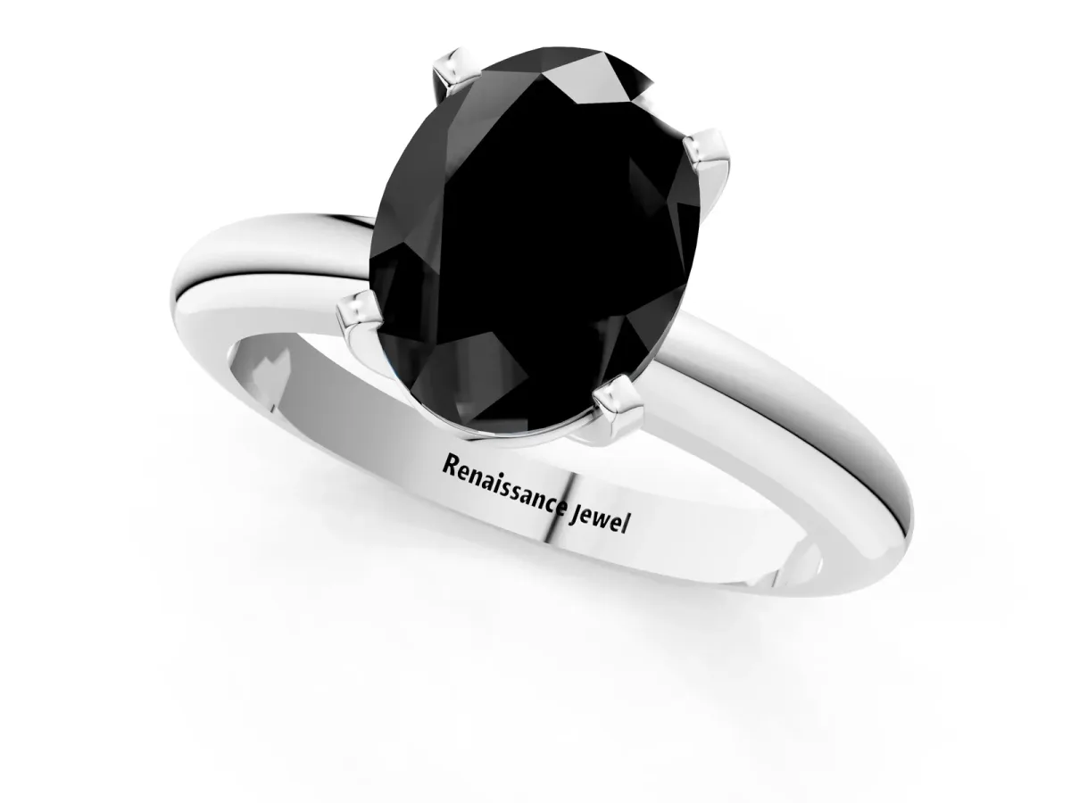 Fancy Black Oval Cut Diamond Solitaire Engagement Ring with Round Band and Four-Prong Setting White gold