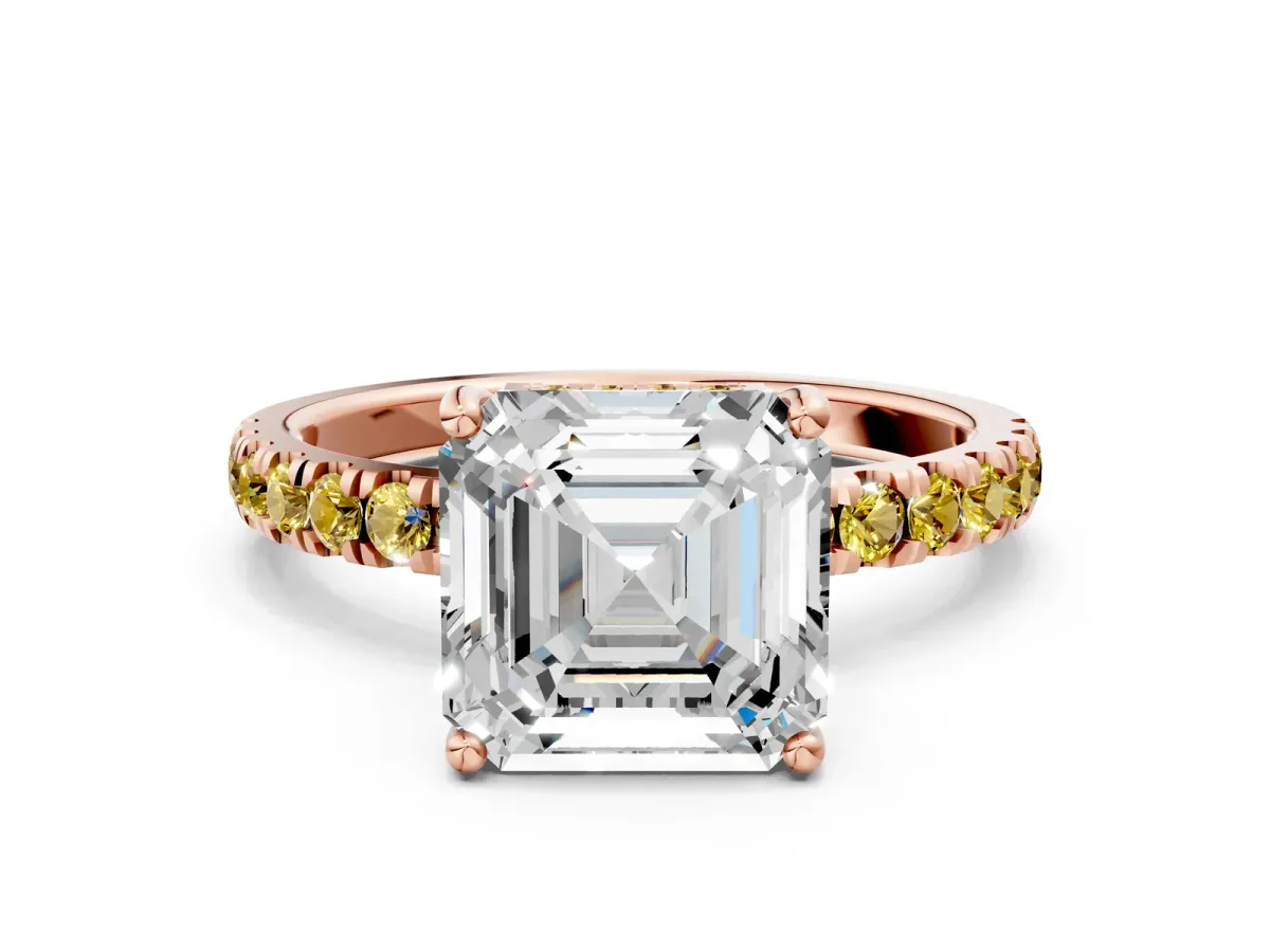Asscher Cut Diamond Pave Band Solitaire Ring with Round Yellow Sapphire and Prong Setting Rose gold