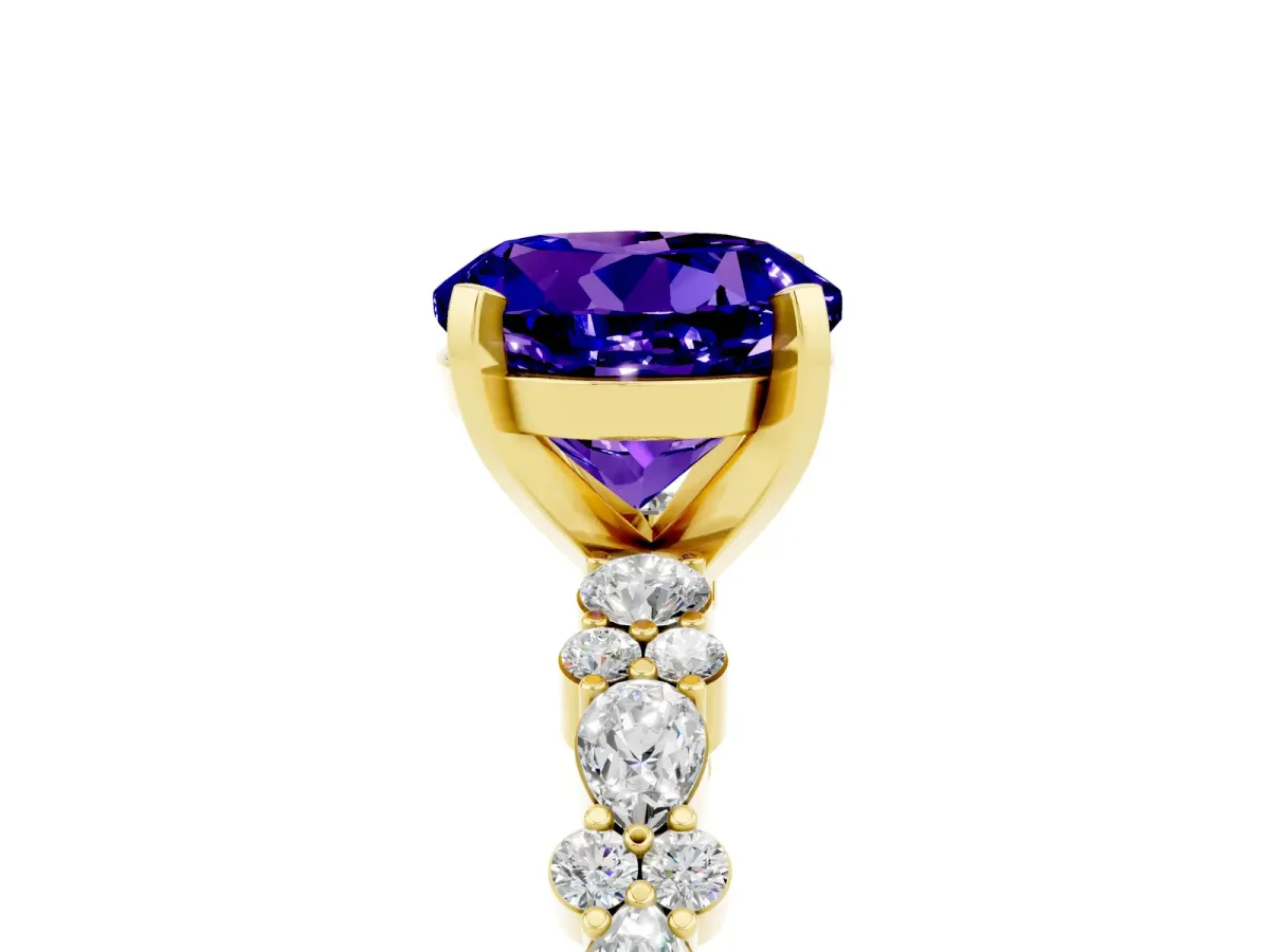 Round Cut Tanzanite Side Stone Solitaire Ring with Round and Four-Prong Setting Yellow gold