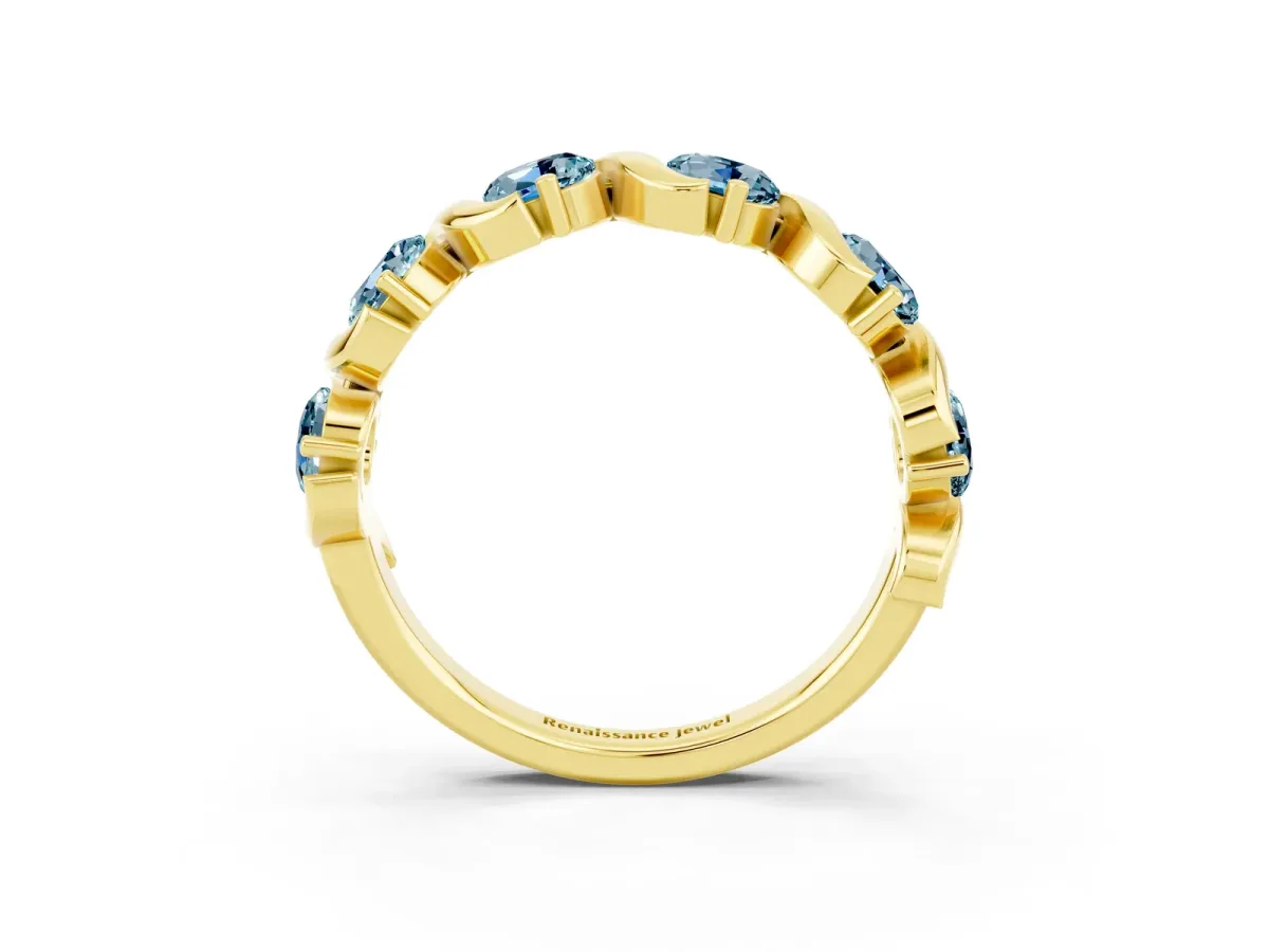 Round Aquamarine Half Eternity Band with Wave Prong Setting Yellow gold