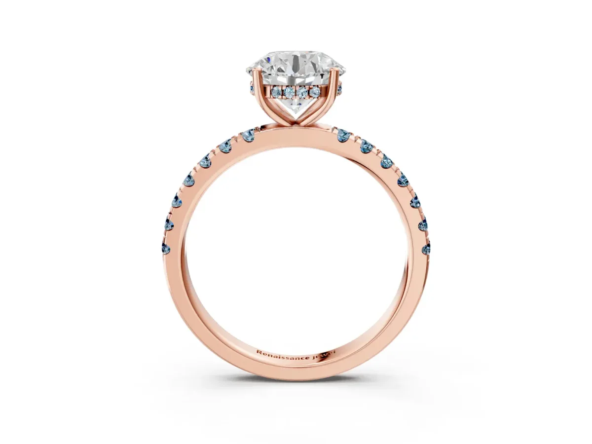 Round Cut Diamond Pave Band Solitaire Ring with Round Aquamarine and Prong Setting Rose gold