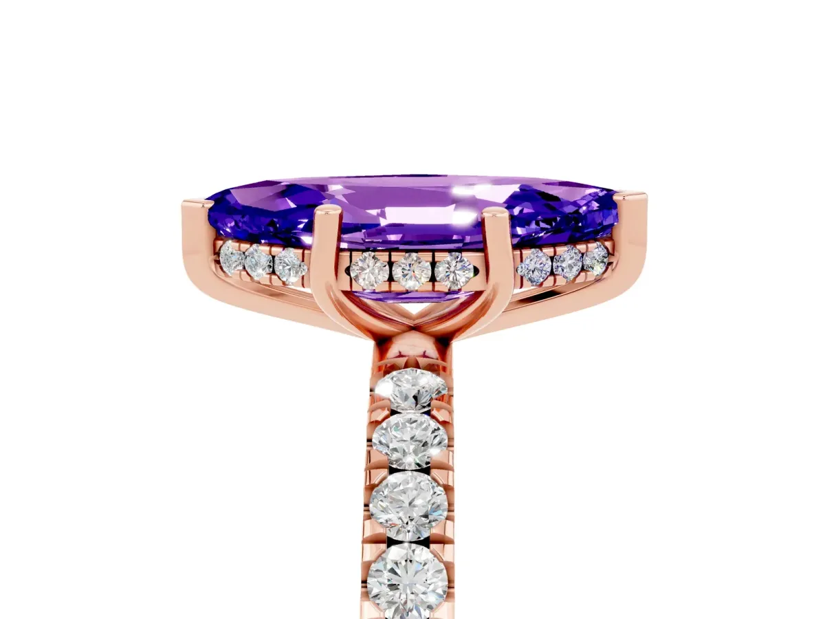 Marquise Cut Tanzanite Pave Band Solitaire Ring with Round and Prong Setting Rose gold