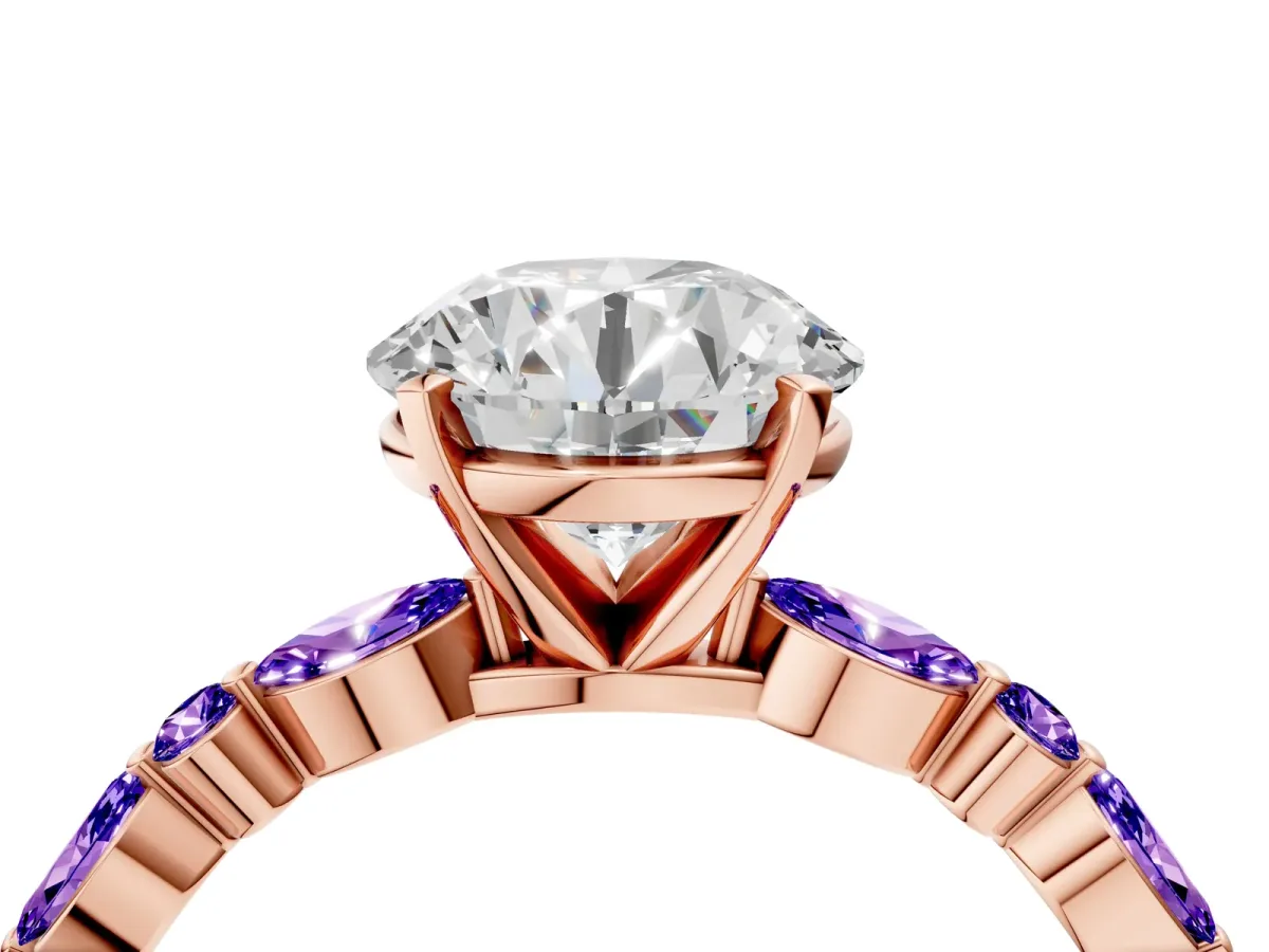 Round Cut Diamond Ring with Marquise and Round Tanzanite Side Stones and Four-Prong Setting Rose gold