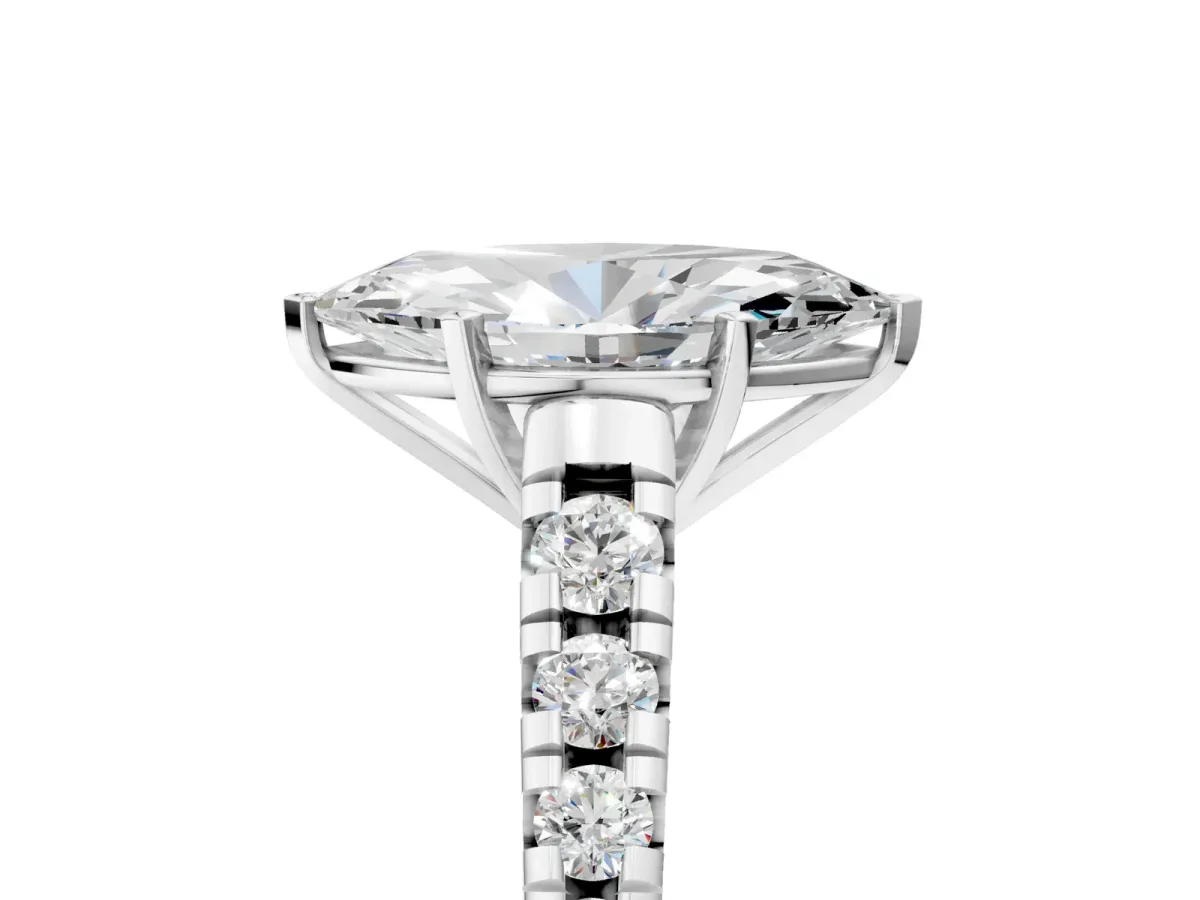 Marquise Cut Diamond Cathedral Solitaire Ring with Round Moissanite Pavé Band Silver