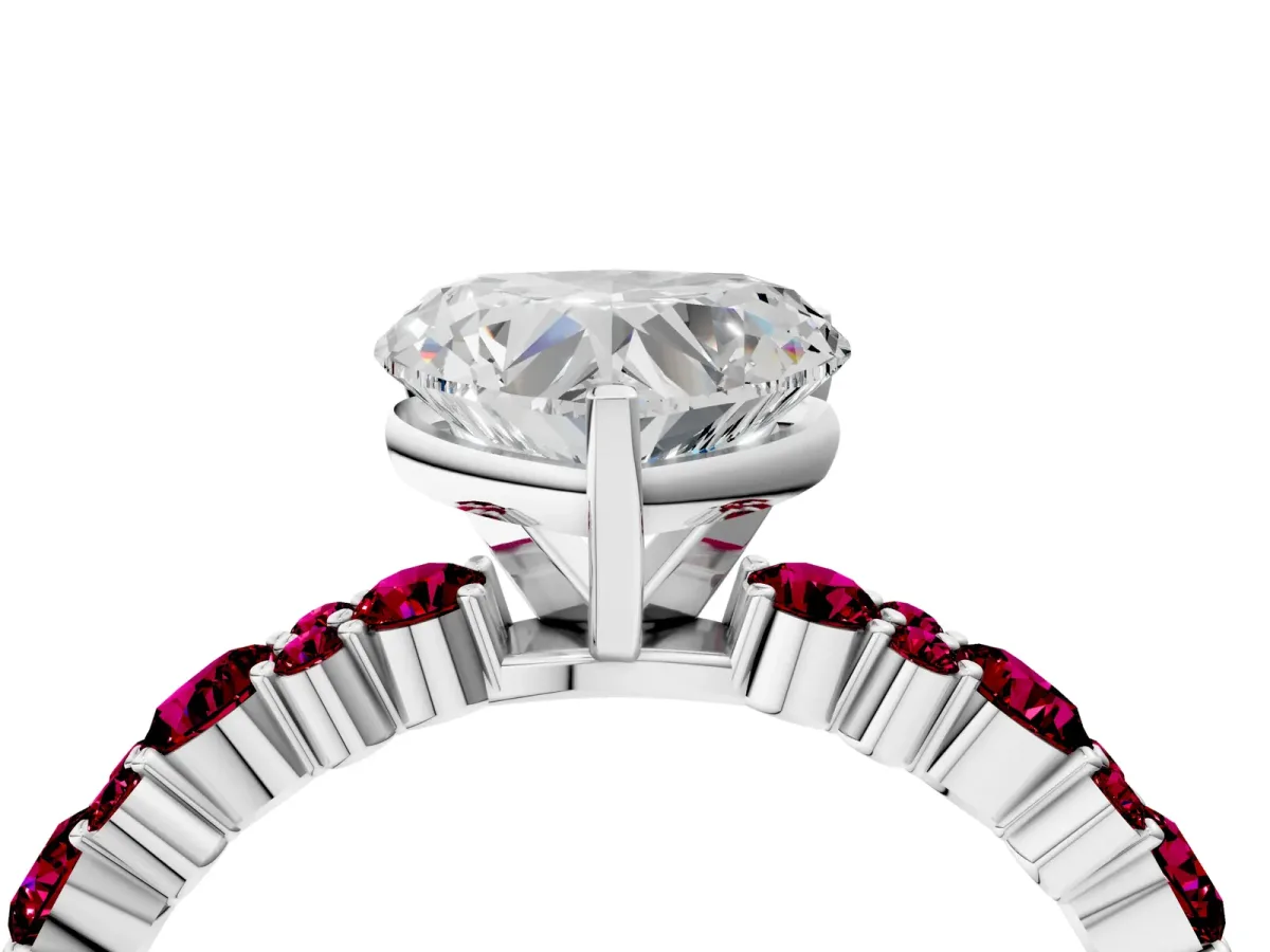 Heart Cut Diamond Side Stone Solitaire Ring with Round Garnet and Four-Prong Setting Platinum