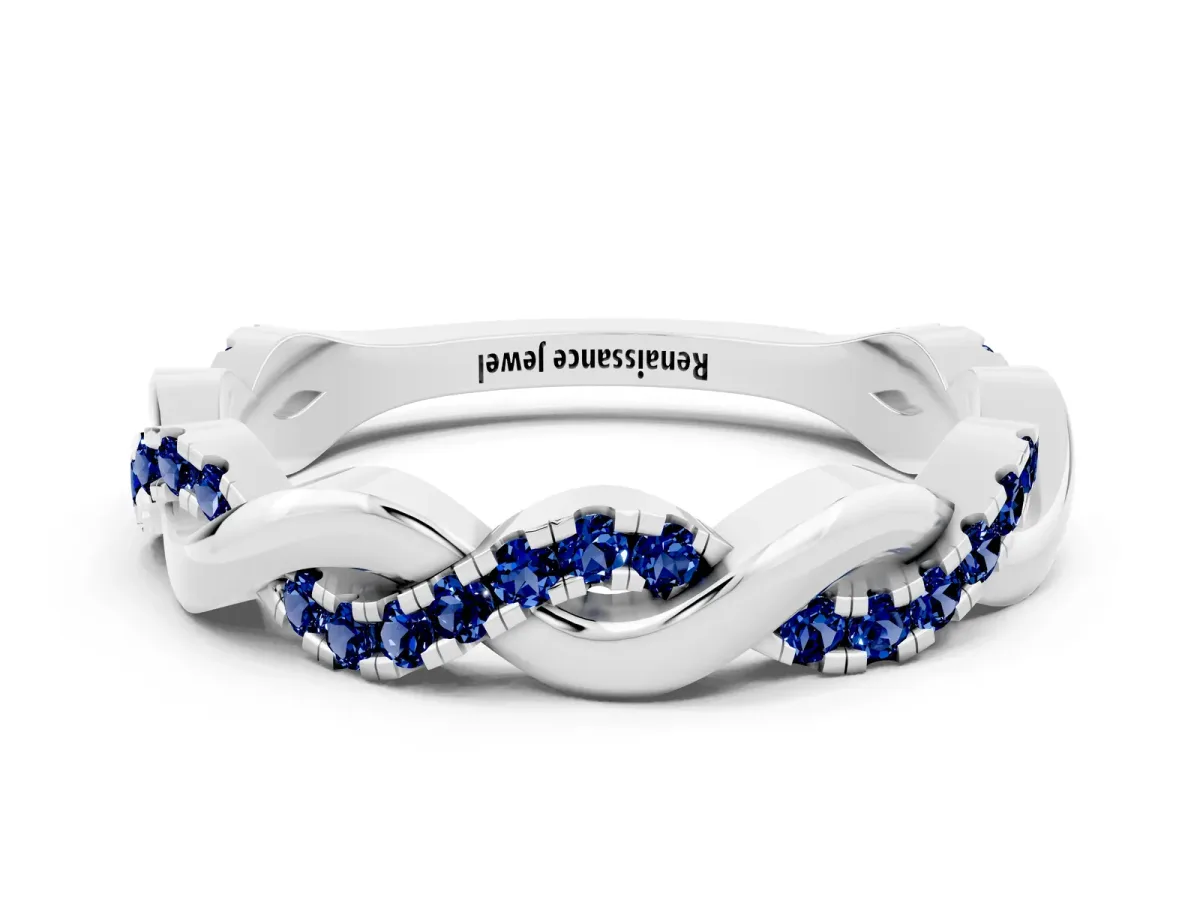 Pavé Round Blue Sapphire Twist Eternity Band with Shared Prong Setting White gold
