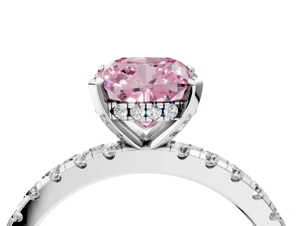 Fancy Pink Cushion Cut Diamond Solitaire Ring with Round Pavé Band and Four-Prong Setting Platinum