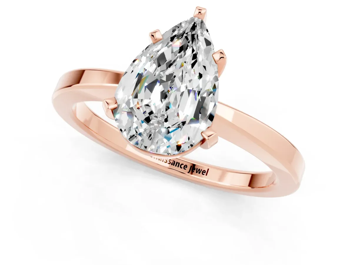 Pear Cut Moissanite Solitaire Engagement Ring with Classic Band and Four-Prong Setting Rose gold