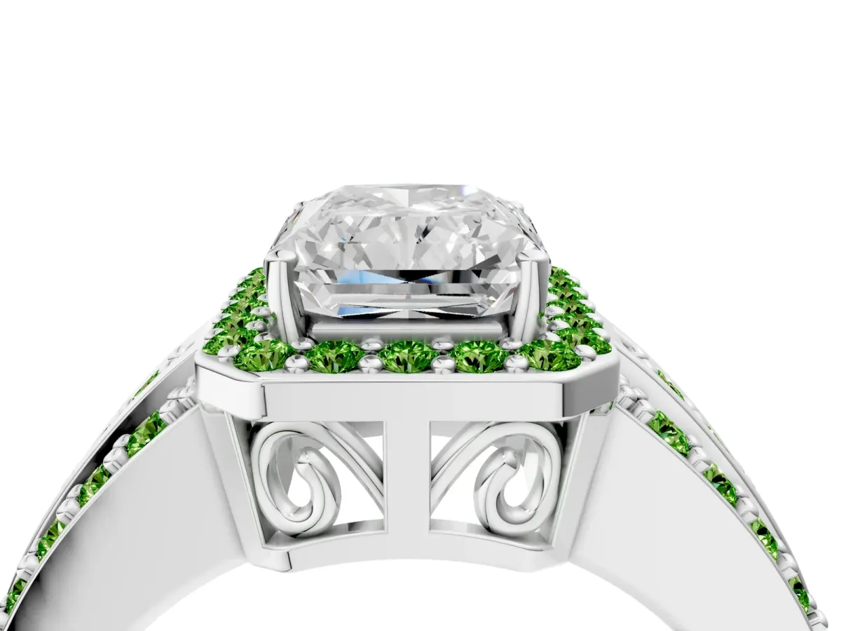 Radiant Cut Halo Diamond Ring with Round Peridot Split Shank and Prong Setting Silver