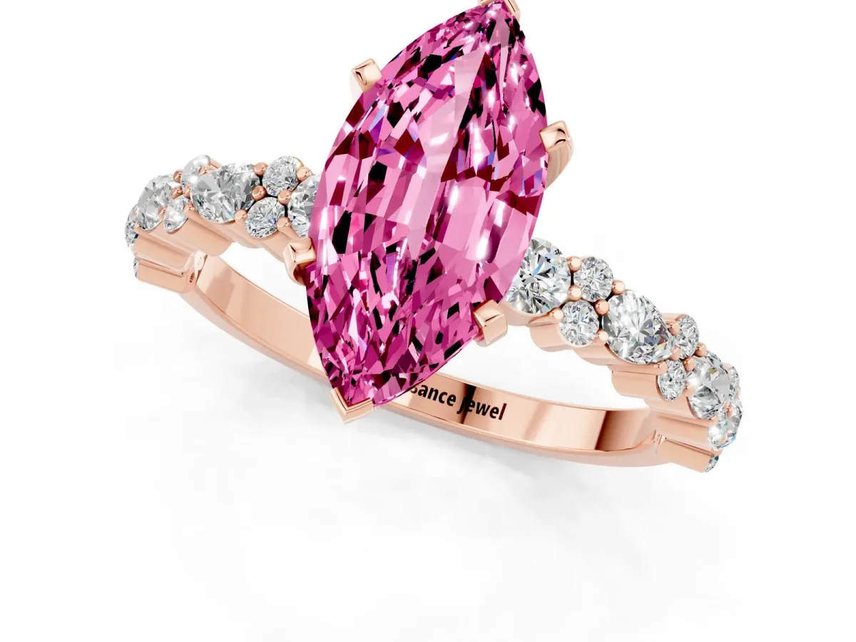 Marquise Cut Pink Sapphire Side Stone Solitaire Ring with Round and Four-Prong Setting Rose gold
