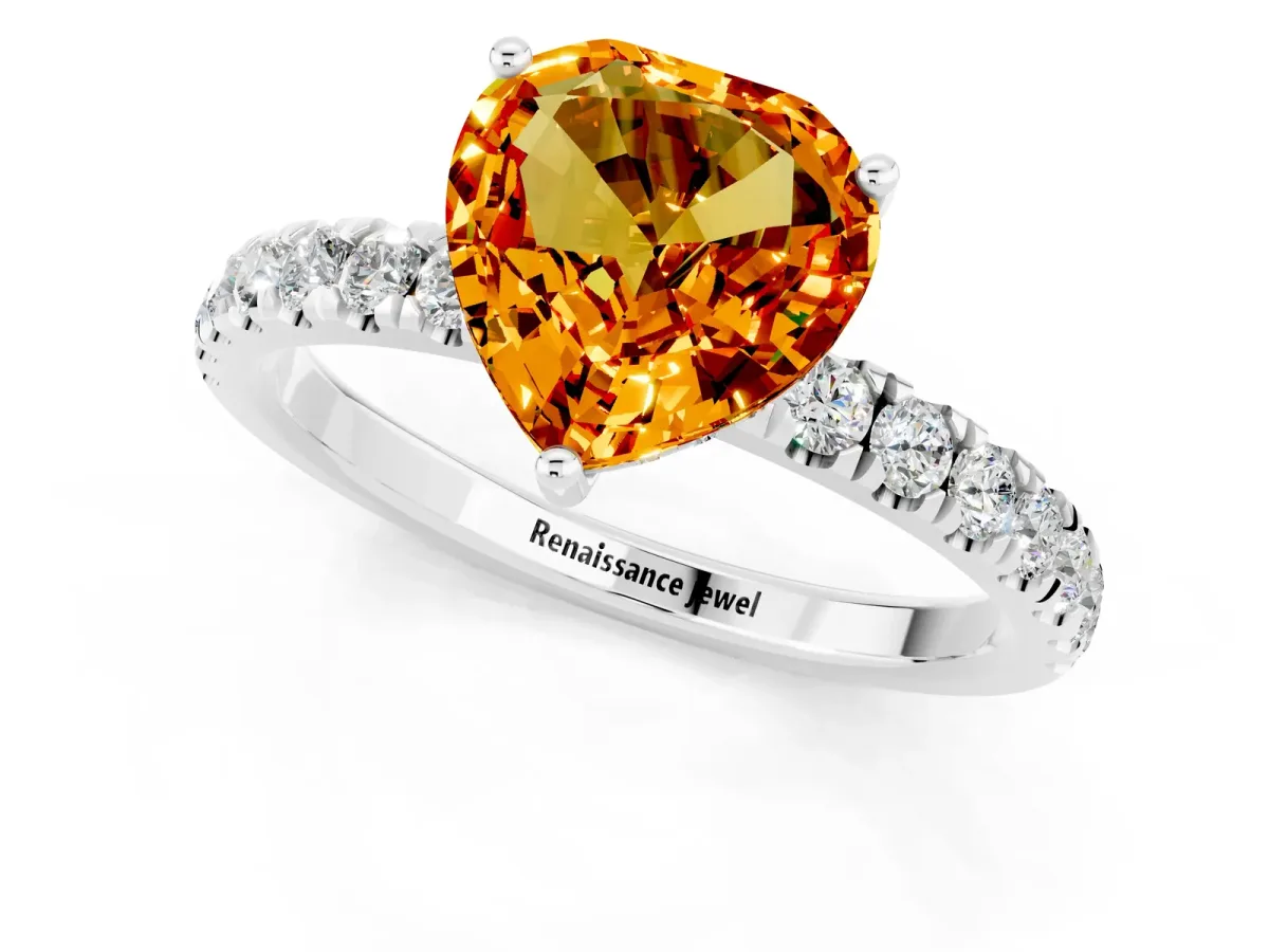 Heart Cut Citrine Pave Band Solitaire Ring with Round and Prong Setting Platinum