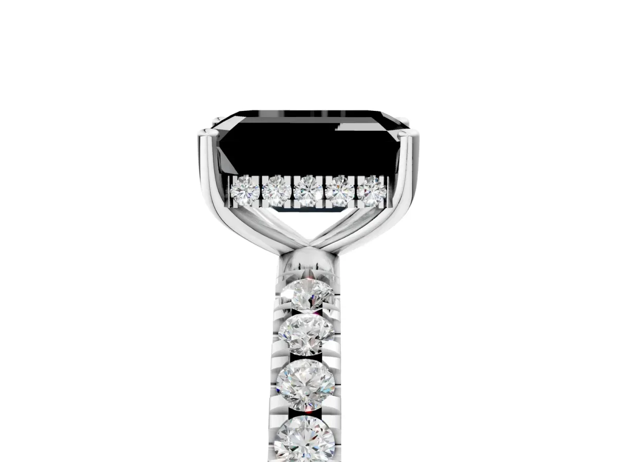 Fancy Black Emerald Cut Diamond Pave Band Solitaire Ring with Round and Prong Setting White gold
