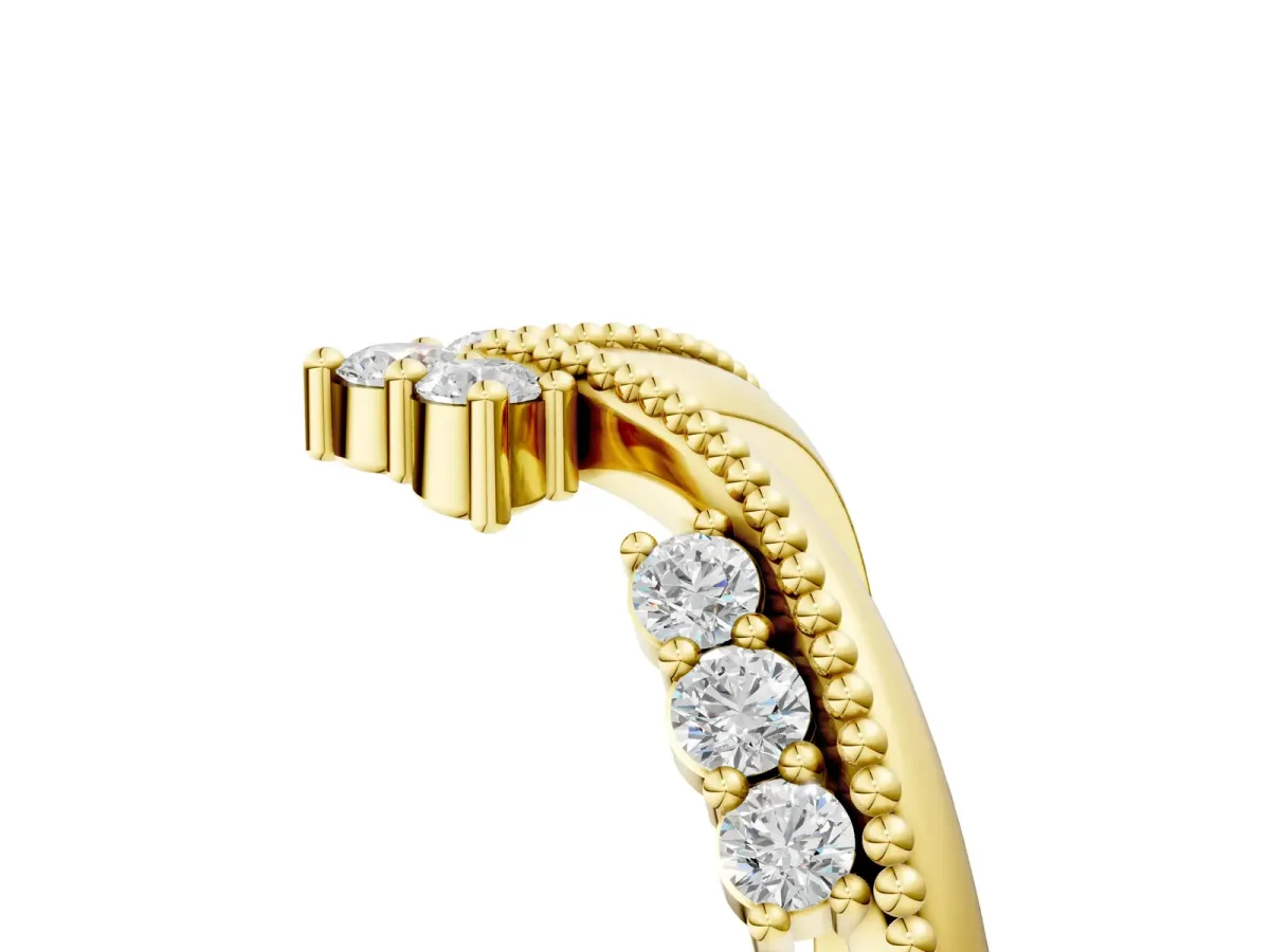 Diamond Chevron Milgrain Band with Round Cut Stones and Prong Setting Yellow gold