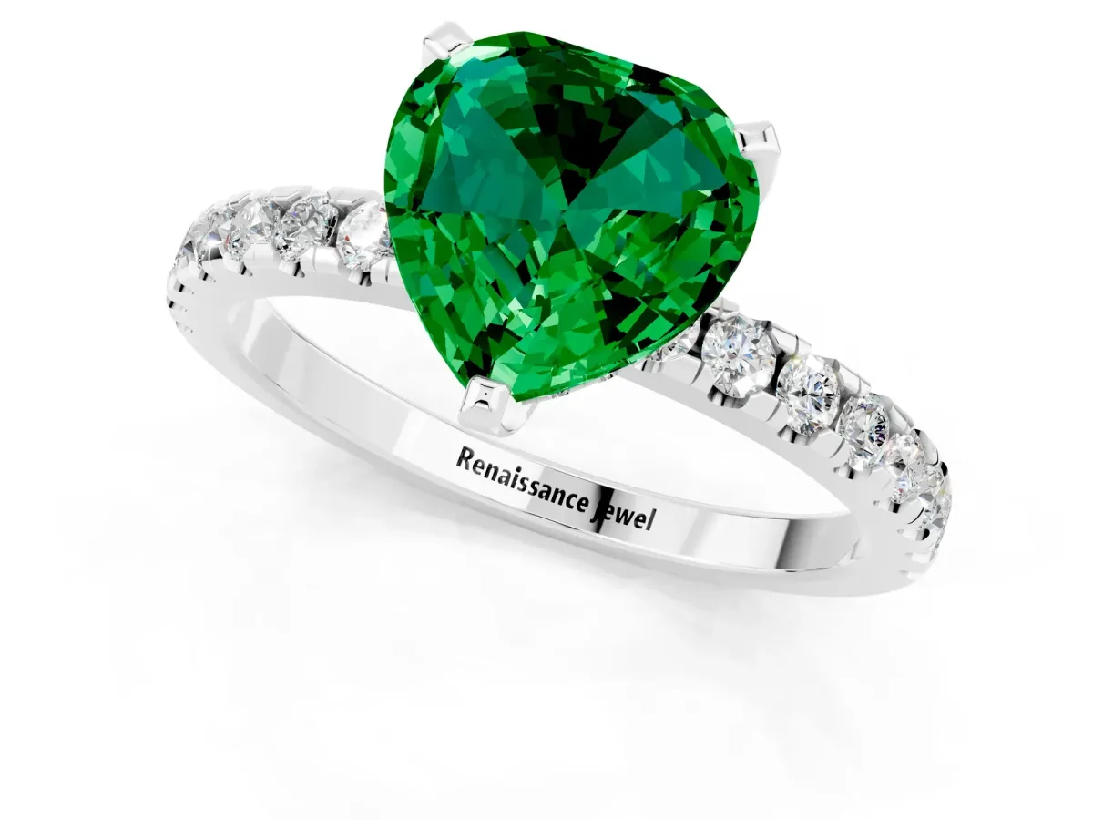 Heart Cut Emerald Solitaire Ring with Round Pavé Band and Four-Prong Setting Platinum