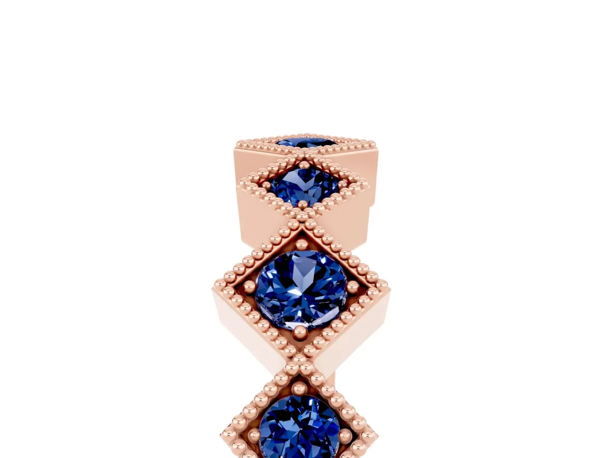 Milgrain Square Bezel Round Blue Sapphire Chevron Band Rose gold
