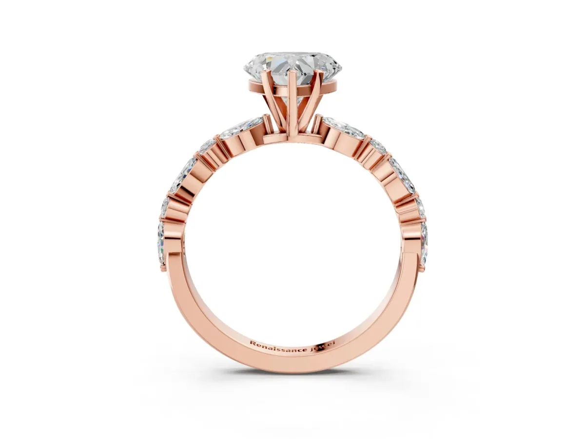 Heart Cut Diamond Ring with Marquise and Round Side Stones and Four-Prong Setting Rose gold