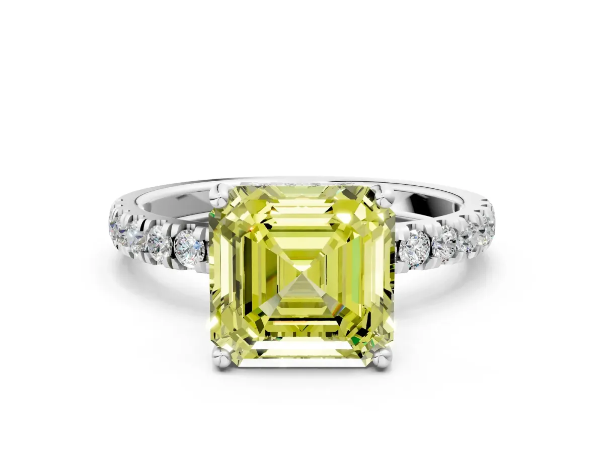 Fancy Yellow Asscher Cut Diamond Pave Band Solitaire Ring with Round and Prong Setting White gold
