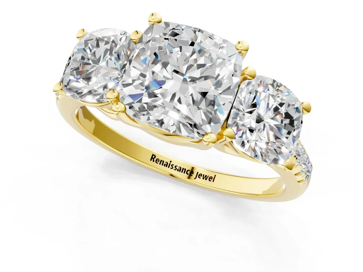 Three-Stone Cushion Cut Diamond Ring with Round Moissanite Pavé Band and Prong Setting Yellow gold