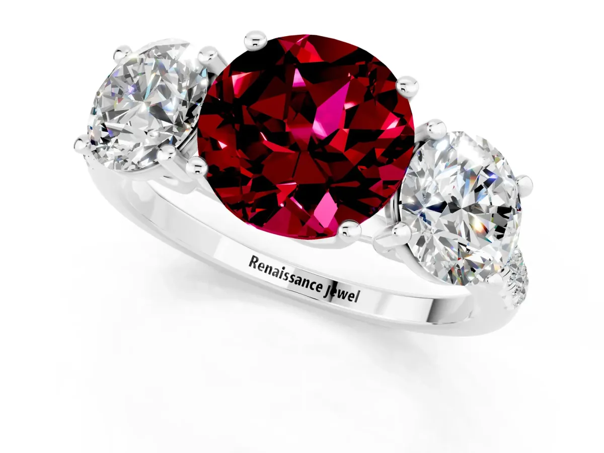 Three-Stone Round Cut Garnet Ring with Round Pavé Band and Prong Setting White gold