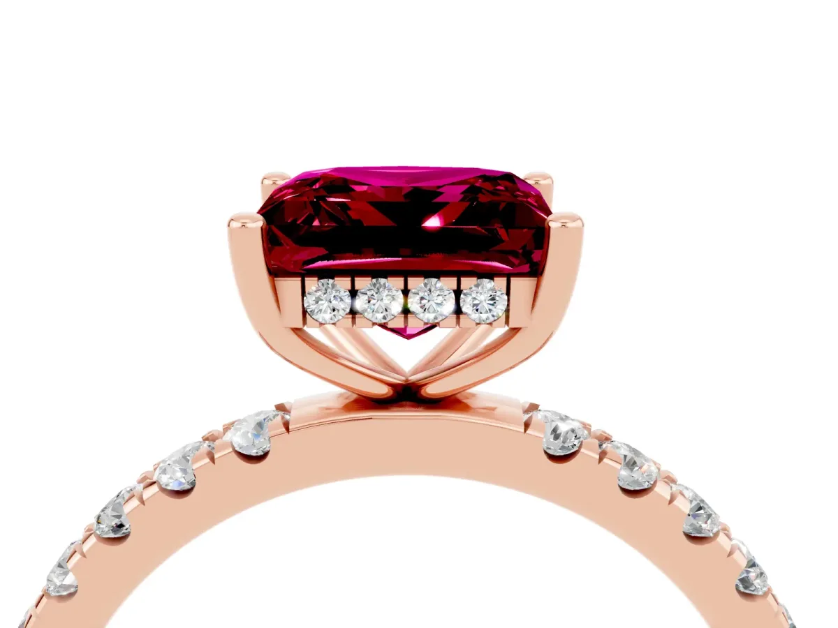 Princess Cut Garnet Pave Band Solitaire Ring with Round and Prong Setting Rose gold