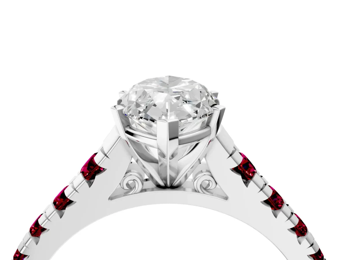 Marquise Cut Diamond Cathedral Solitaire Ring with Round Garnet Pavé Band Platinum
