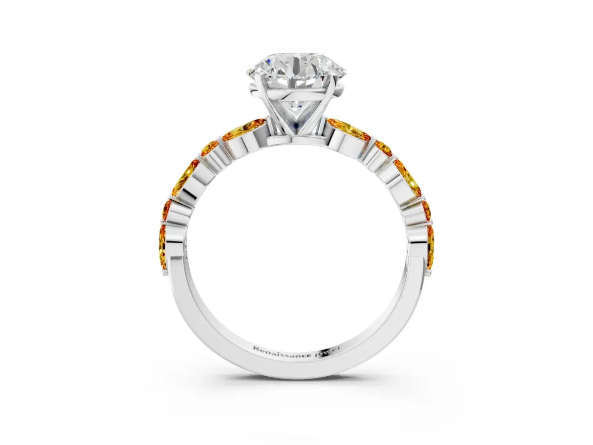 Round Cut Diamond Ring with Marquise and Round Citrine Side Stones and Four-Prong Setting Platinum