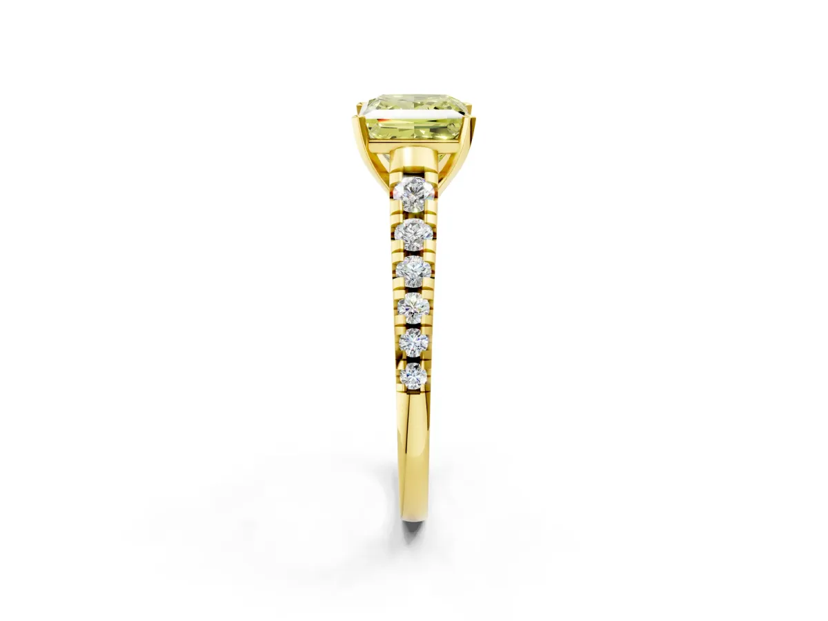 Fancy Yellow Princess Cut Diamond Cathedral Solitaire Ring with Round Pavé Band Yellow gold