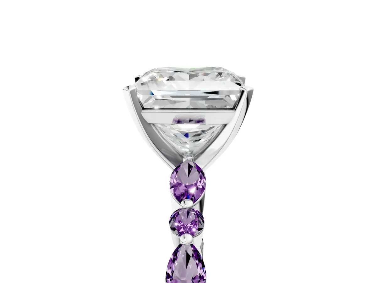 Princess Cut Diamond Ring with Marquise and Round Amethyst Side Stones and Four-Prong Setting Silver