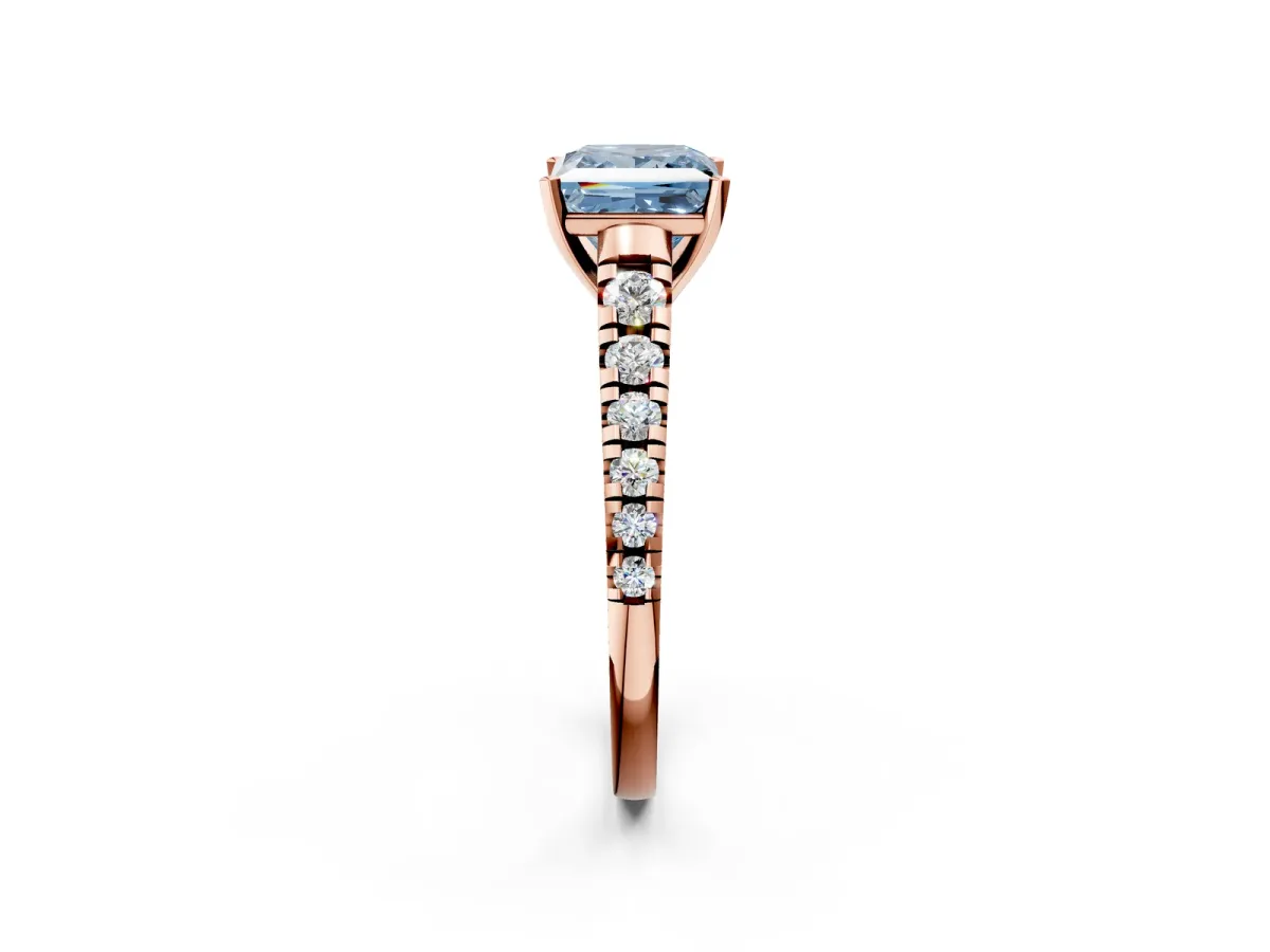 Fancy Blue Princess Cut Diamond Cathedral Solitaire Ring with Round Pavé Band Rose gold
