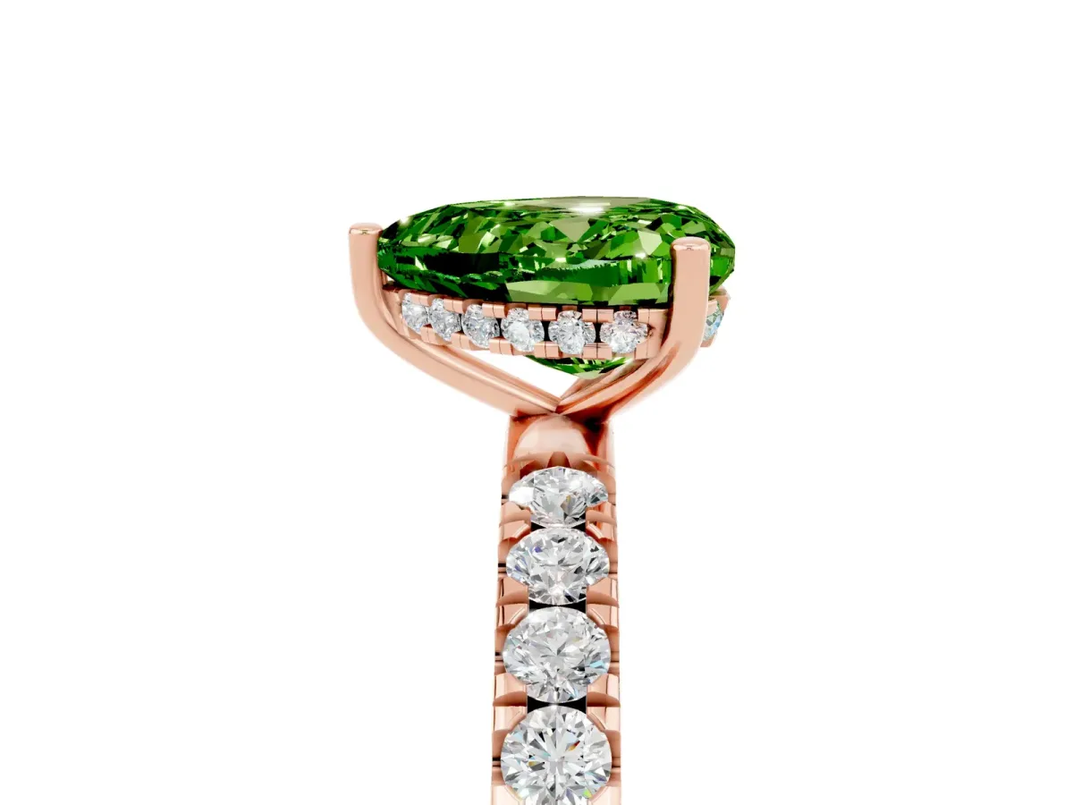 Heart Cut Peridot Pave Band Solitaire Ring with Round and Prong Setting Rose gold